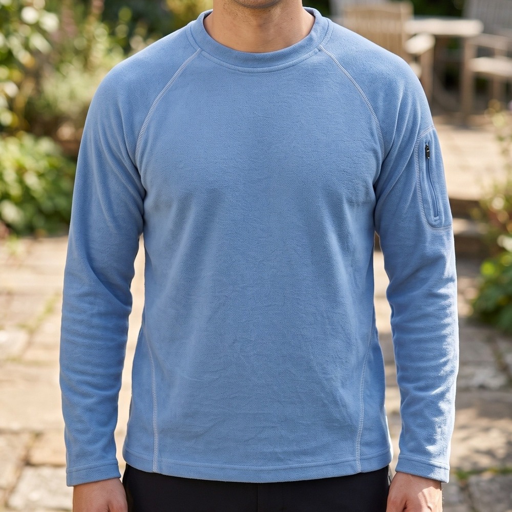 Cabelas Mens Blue Fleece Pullover Long Sleeve Raglan Crew Neck Arm Pocket L Reg